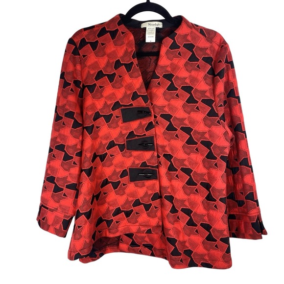 Moonlight Womens Medium Asymmetrical Jacket Kimono Geo Red Jacquard Top Art Deco - Picture 1 of 6